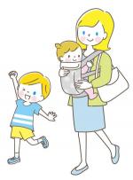 乳幼児を抱いた母親と幼児並んで歩くイラスト