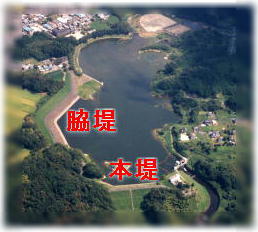 日野川ダムの本堤と脇堤の配置です。