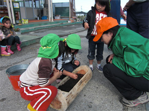 子どもたちが山で集めてきたドングリの植え方を指導しています。