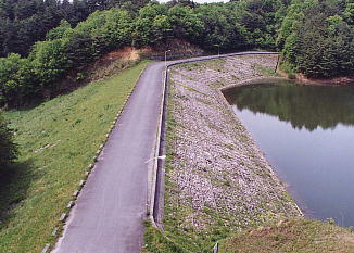 グラベルフィル型式の本堤の堤体写真です。