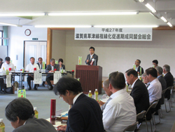 滋賀県草津線複線化促進期成同盟会の理事会および総会でご挨拶をする知事