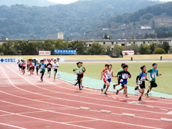 小学生1,000m記録会の選手が皇子山陸上競技場のトラックを駆ける