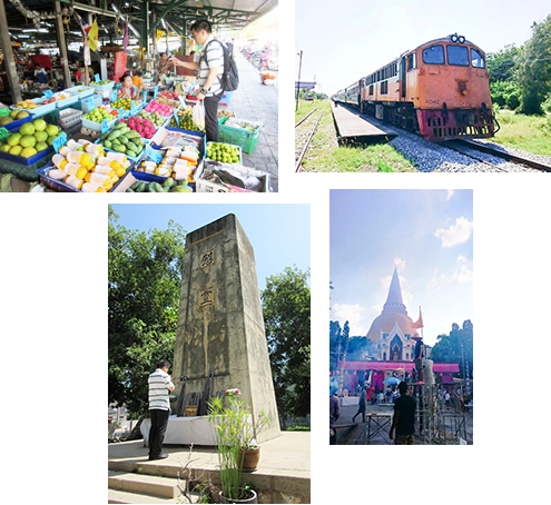 マレーシアの市場、鉄道、戦没者慰霊塔、寺院の写真