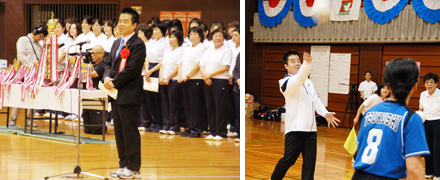 三日月知事が「第42回滋賀県知事杯・第24回若ハト杯争奪平和堂ママさんバレーボール大会」に出席する様子。