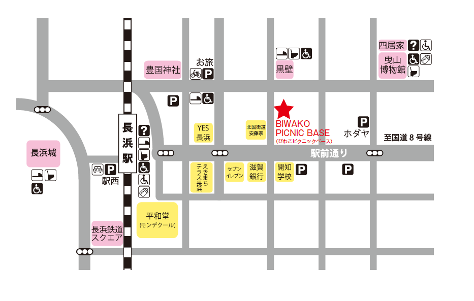 長浜駅からBIWAKO PICNIC BASE（びわこピクニックベース）までの地図