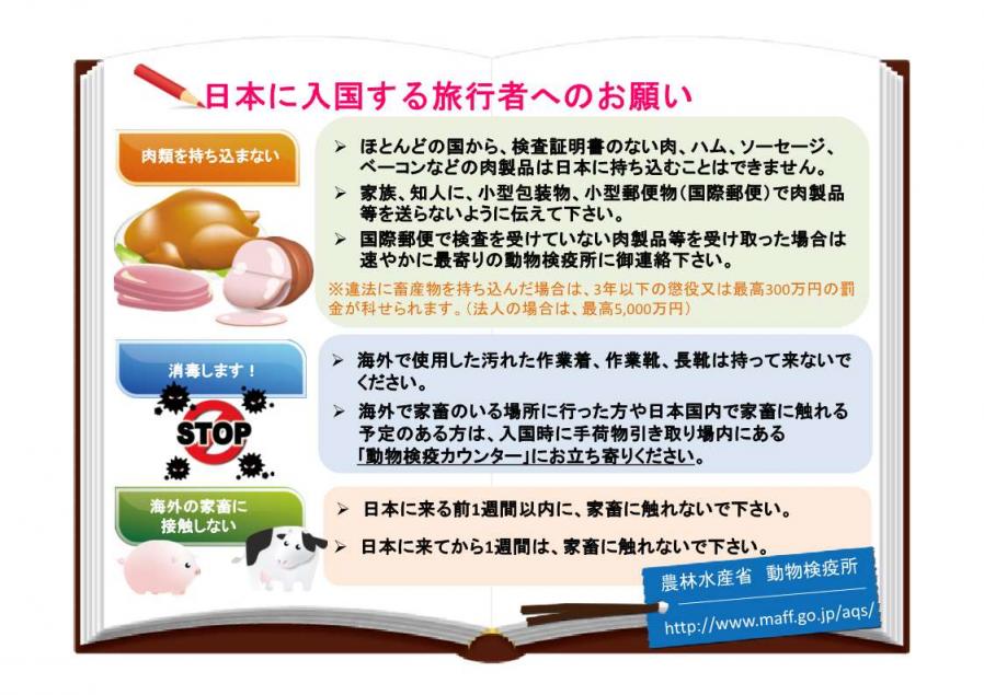 日本に入国する旅行者へのお願い（肉類を持ち込まない、消毒する、海外の家畜に接触しない）