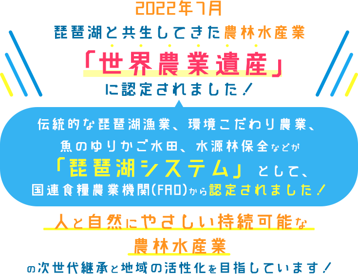 琵琶湖と共生してきた農林水産業「日本農業遺産」に認定されました！さらに「世界農業遺産」の候補に！伝統的な琵琶湖漁業、環境こだわり農業、魚のゆりかご水田、水源林保全などを「琵琶湖システム」として、国連食糧農業機関(FAO)に申請中。人と自然にやさしい持続可能な農林水産業の次世代継承と、地域の活性化を目指しています！