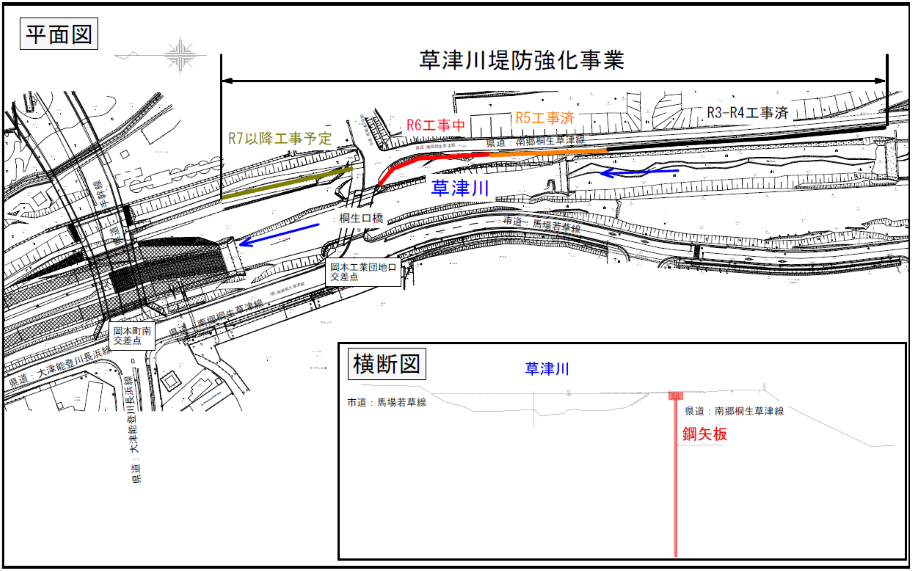草津川堤防強化事業の平面図です。