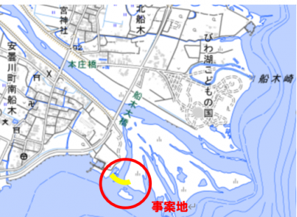 国土地理院地形図をもとに河川・港湾室が作成した事案地を示した図