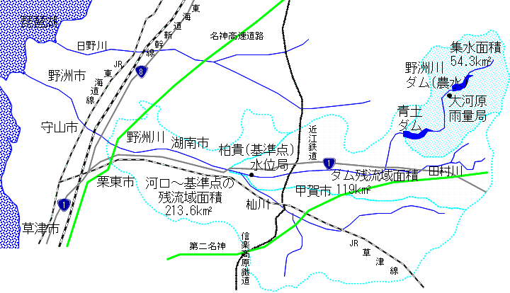 野洲川の流域図です。ダムの集水面積は54.3平方キロです。
