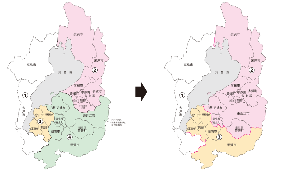 滋賀県の区割り図(新旧)