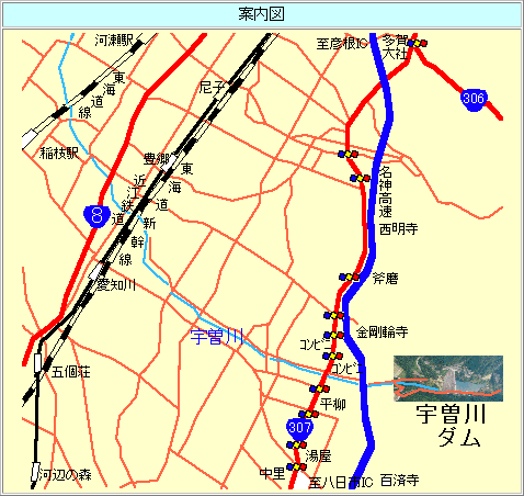 宇曽川ダム案内図です。国道307号のうそ川の橋のところで東に曲がります。