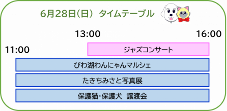 当日のタイムテーブル。11時からのマルシェ、写真展、譲渡会、13時からのジャズコンサート、いずれも16時まで。