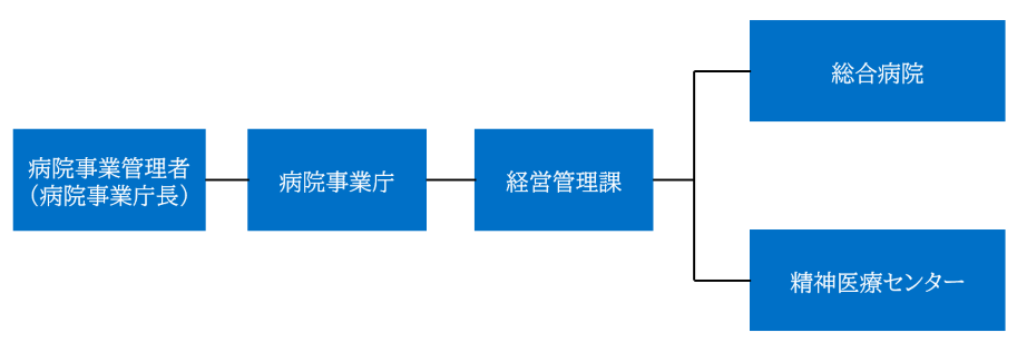 病院事業庁の組織体制は、病院事業庁長の下に病院事業庁、その下に経営管理課、その下に総合病院と精神医療センターが設置されている。
