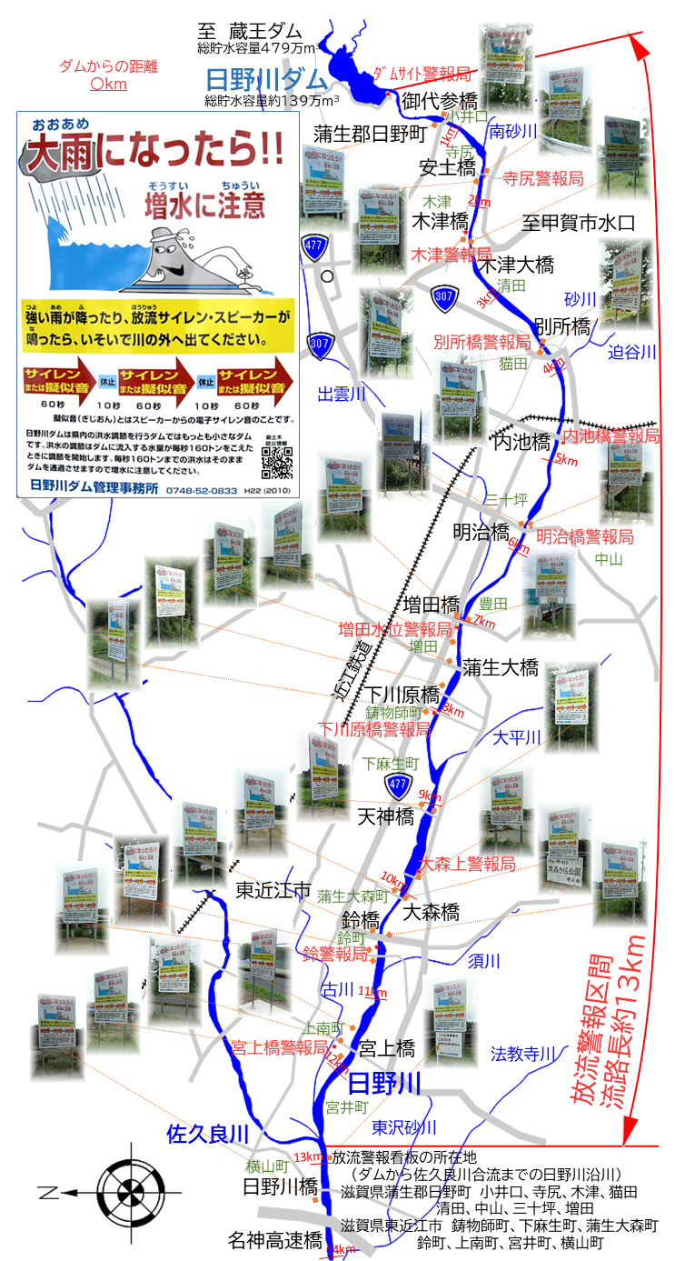 ひのがわダムの下流約13キロ区間に設置している放流警報看板のマップです。