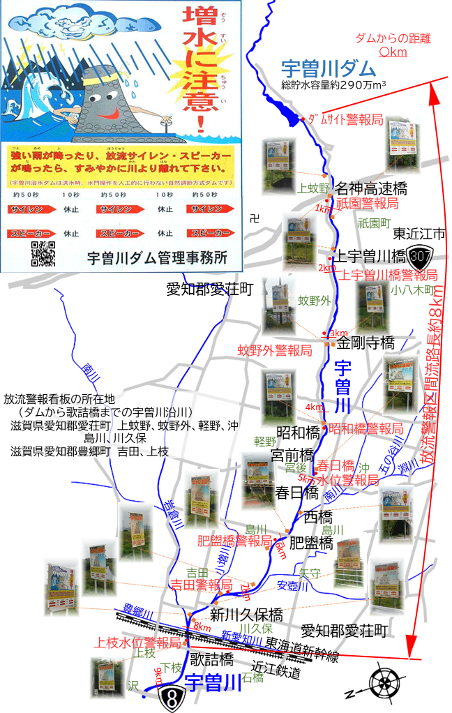 うそがわダムの下流約8キロ区間に設置している放流警報看板のマップです。