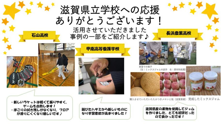 石山高校、甲南高等養護学校、長浜農業高校で寄附金を活用させていただいた事例の紹介