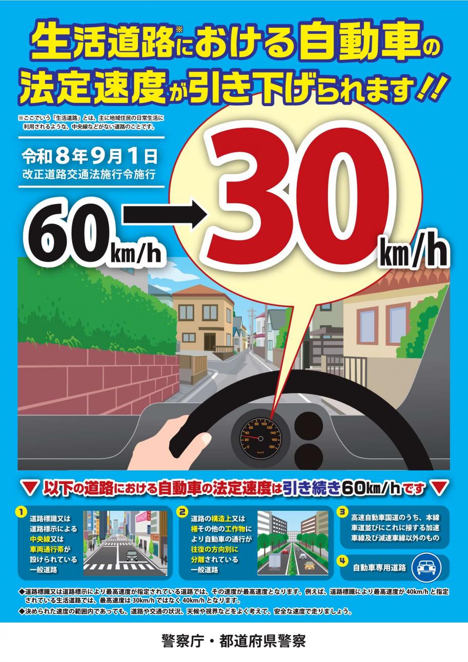 生活道路における自動車の法定速度引き下げポスター