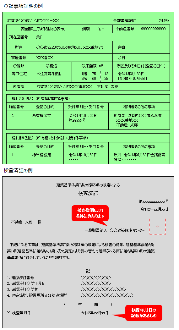 登記事項証明および検査済証明例