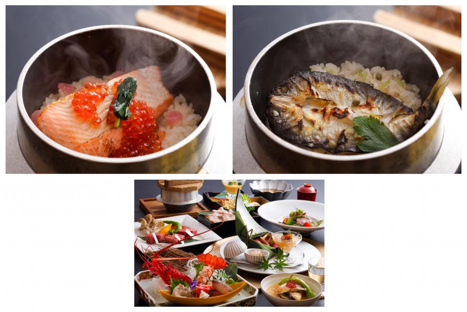 （左）ビワマスの釜めし【春秋冬】、（右）アユの釜めし【夏】、（下）夕食の一例の画像、里湯昔話 雄山荘のホームページへのリンク