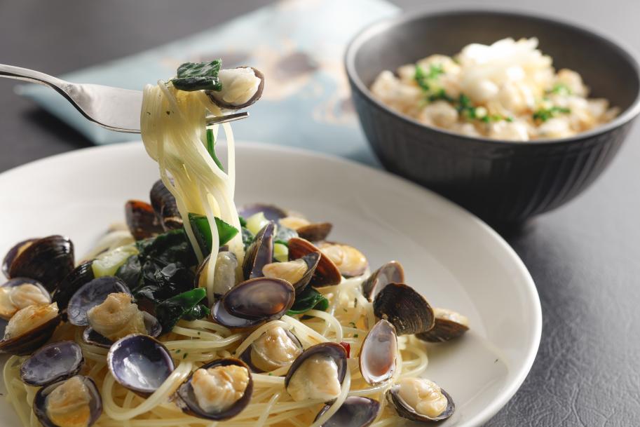 「パスタソースのもと」、「しじみ飯」を使った料理の画像、有限会社田村淡水ホームページへのリンク