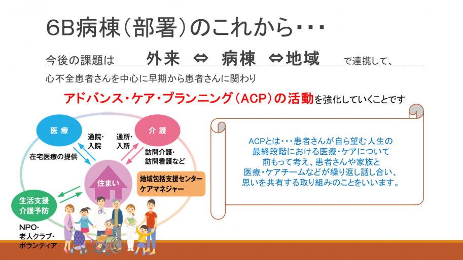 循環器内科の今後の課題は、外来、病棟、地域の相互連携で、心不全患者さんを中心に早期から患者さんに関わり、アドバンス・ケア・プランニング（ACP)の活動を強化していくことです。