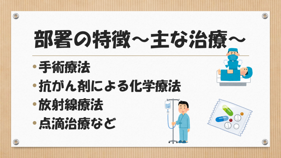 主な治療として手術療法、抗がん剤による化学療法、放射線治療、点滴治療など。