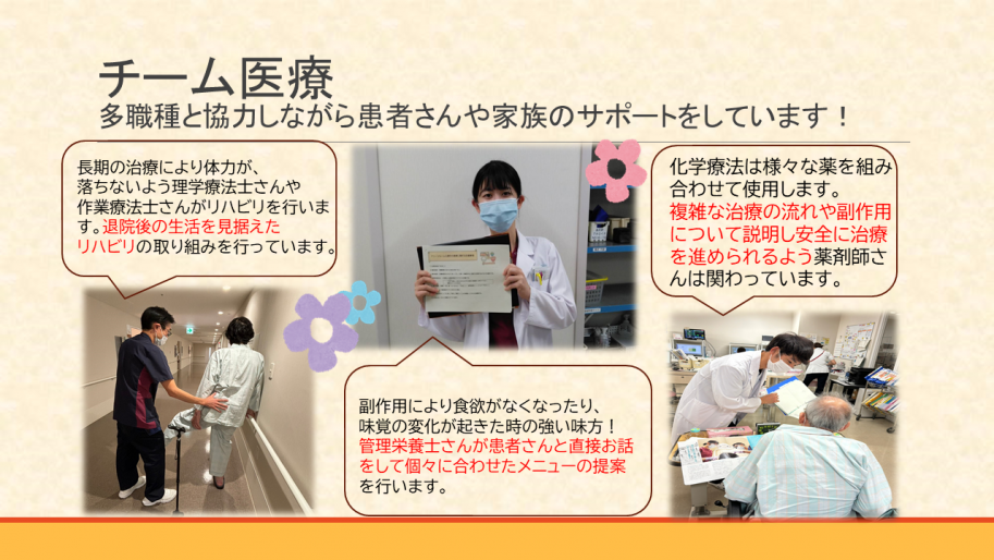 多職種と協力しながら患者さんや家族のサポートをしています！
退院後の生活を見据えたリハビリの取り組み、複雑な治療の流れや副作用について説明し、安全に治療を進められるよいうに薬剤師が関わり、管理栄養士は患者さんと直接お話をして個々に合わせたメニューの提案をしています。