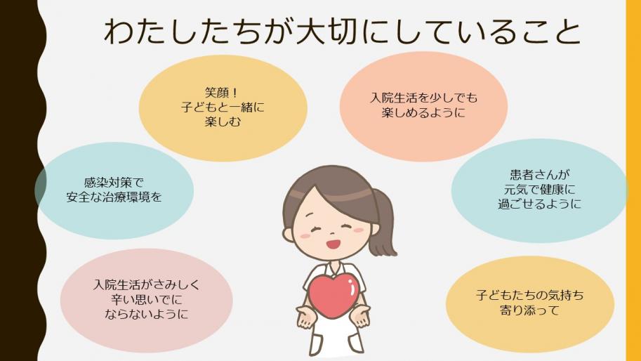 わたしたちが大切にしていること!
・子どもたちの気持ち寄り添って
・患者さんが元気で健康に過ごせるように
・入院生活を少しでも楽しめるように
・笑顔!子どもと一緒に楽しむ
・入院生活がさみしく辛い思いでにならないように
・感染対策で安全な治療環境を提供できることを大切にしています。