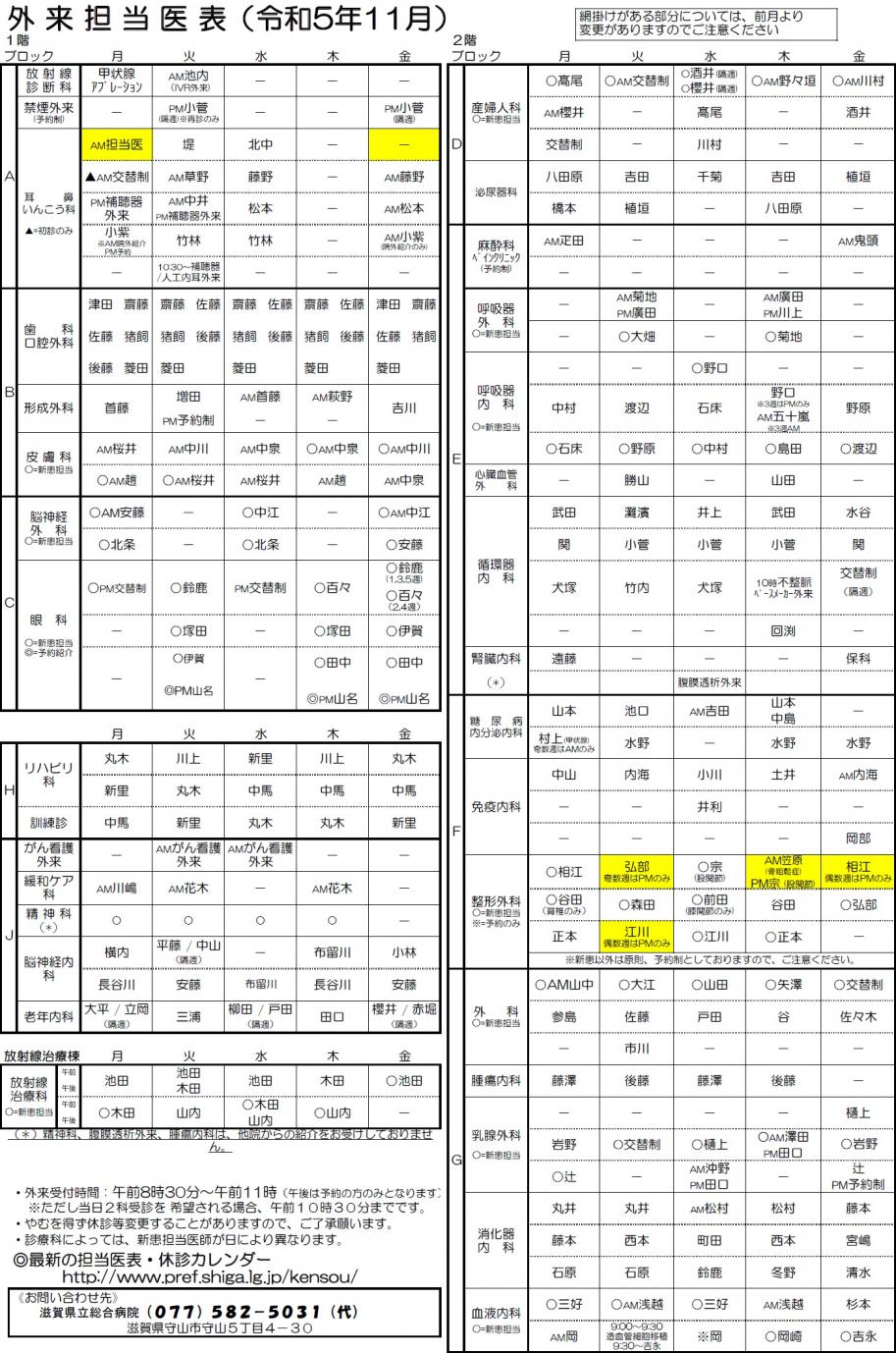 外来担当医表（令和5年11月）