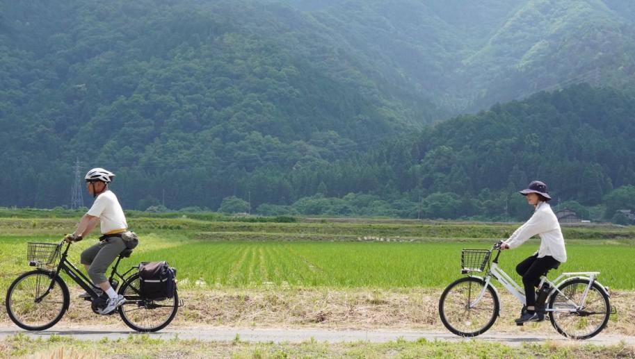 自転車で田んぼ道を走る様子