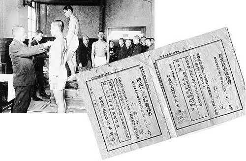 (上)昭和15年大津市公会堂での徴兵検査風景(下)徴兵検査通達書