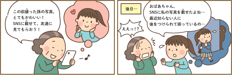 おばあちゃんが孫の写真をSNSに載せたところ、孫が付きまといで困っているという四コマ漫画