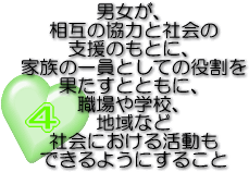4男女が相互の協力と社会の支援のもとに、家族の一員としての役割を果たすとともに、職場や学校、地域など社会における活動もできるようにすること
