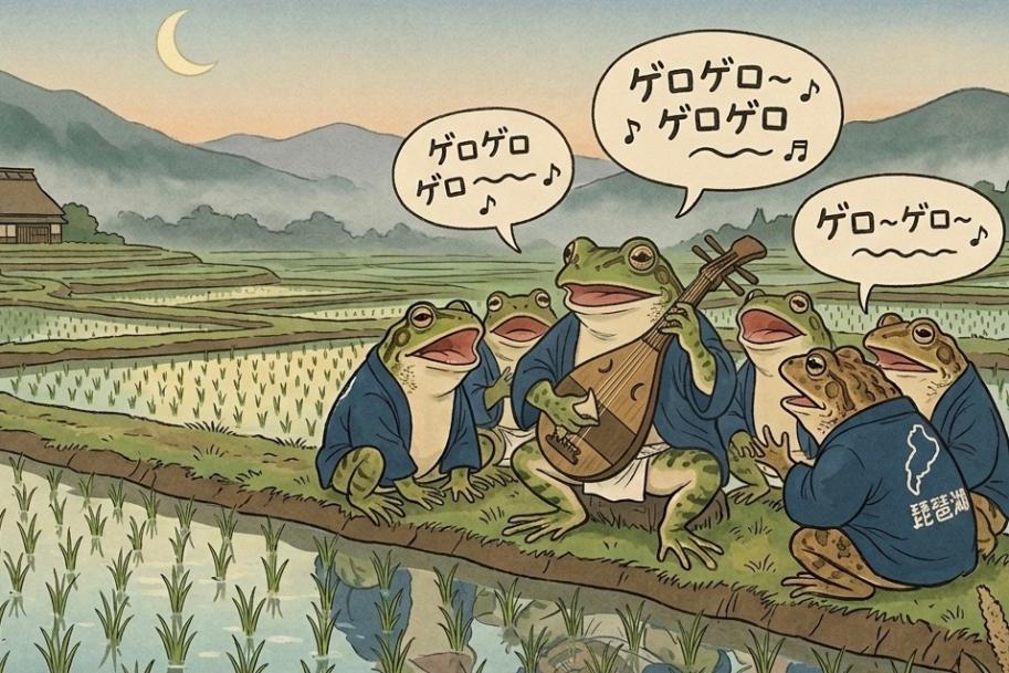 田んぼで合唱しているカエルのイラスト