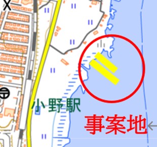 国土地理院地形図上に河港管理室が事案地を記載したもの