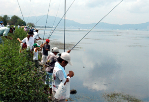 川岸で魚釣りをしている画像です。