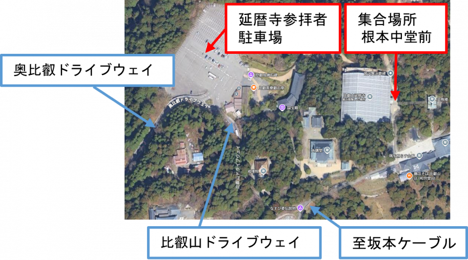 集合場所および参拝者駐車場の位置
