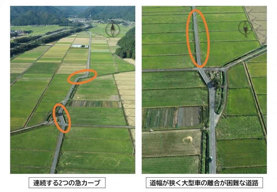 連続する2つの急カーブと大型車の離合が困難な狭隘な道路