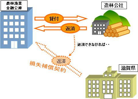 公庫は造林公社に貸付し、造林公社は公庫に返済する。造林公社が返済できない場合、損失補償契約に基づき滋賀県が返済する。