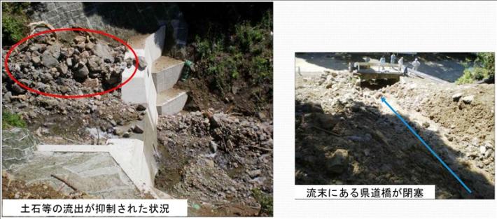土石等の流出が抑制された状況と流末にある県道橋が閉塞した状況