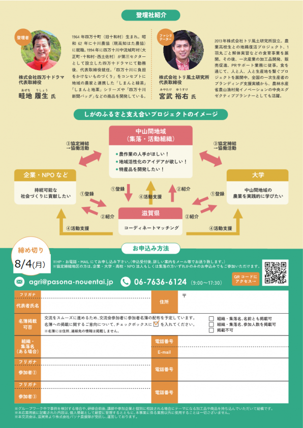 2025年8月7日の交流会のチラシの裏面で、講師の紹介、申込用紙です。