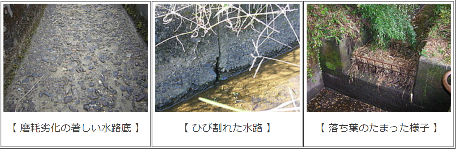 摩耗劣化の著しい水路底、ひび割れた水路、落ち葉のたまった様子