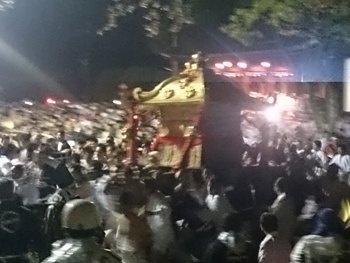 「宵宮落し(よみやおとし)」で神輿が激しく揺れ動く様子